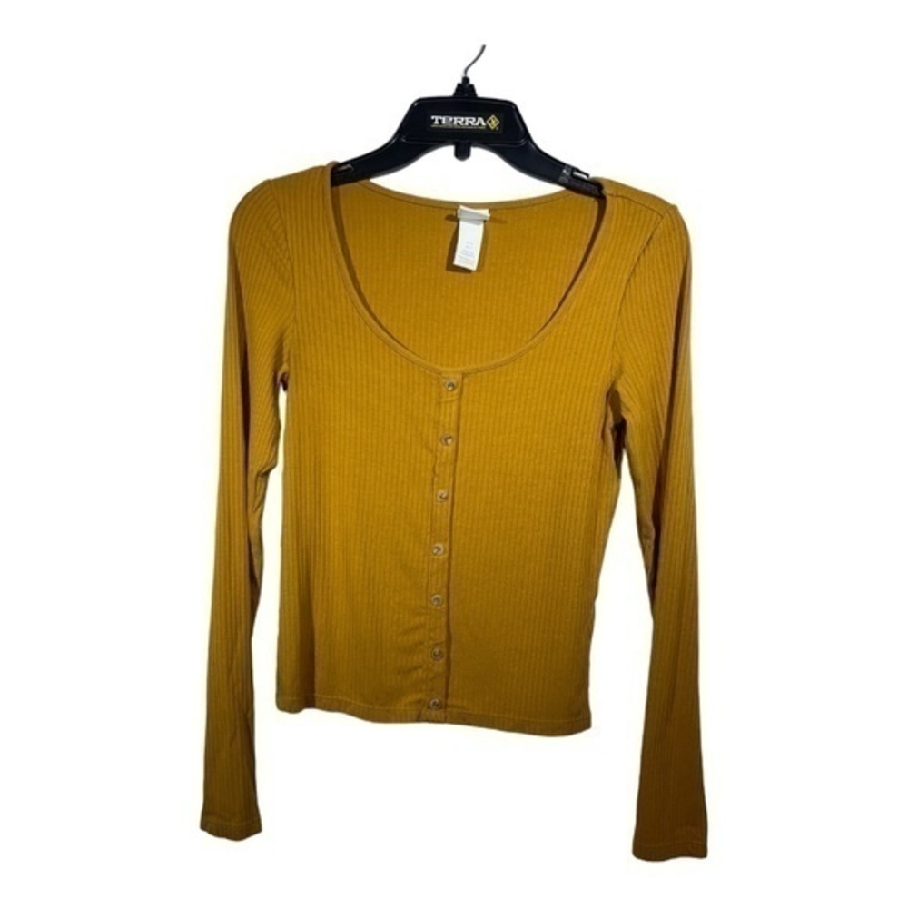 H&M Womens Mustard Long Sleeve Button Up Scoop Neck T-Shirt Viscose Size S